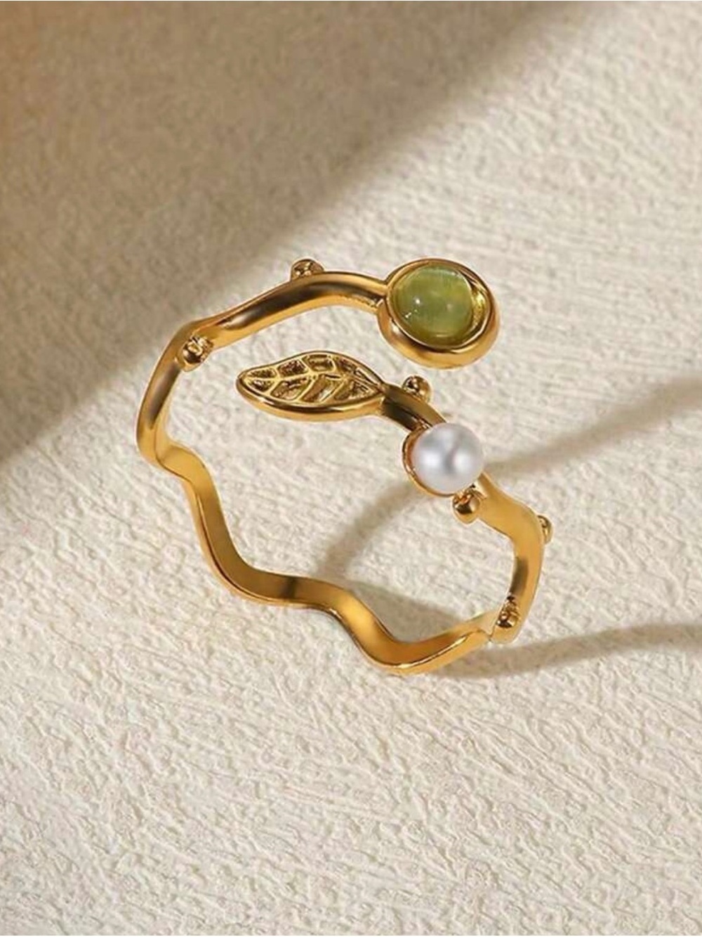 Green Flower Arm Cuff and Ring with Pearl